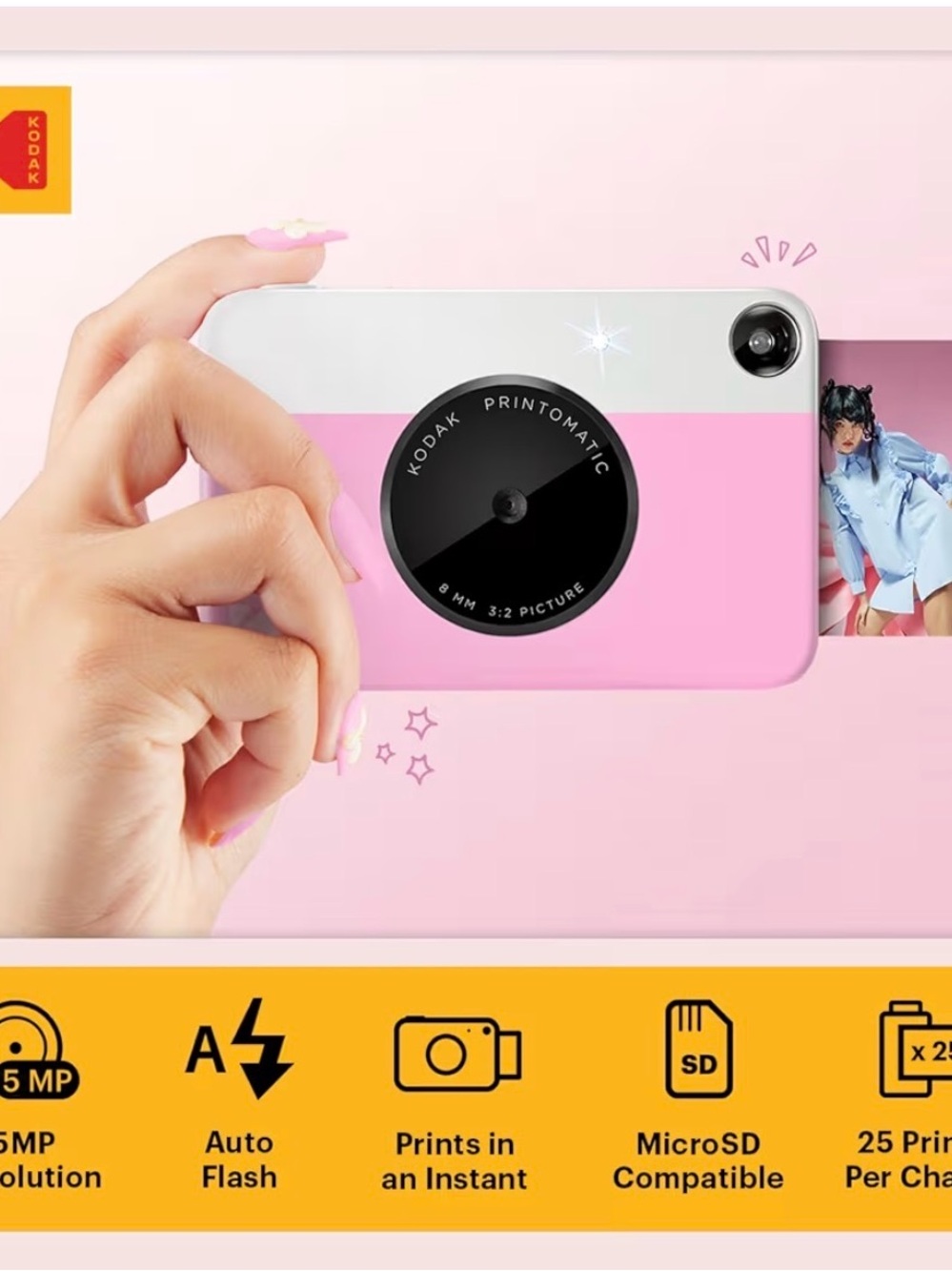 Kodak Pink&White Instant Camera w/ Black Strapped Case (extra photo stickers)